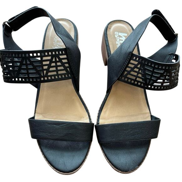 By The Way Size 6 Womens Sandals Black Leather Laser Cut Design 1.5 inch heel - Picture 1 of 6